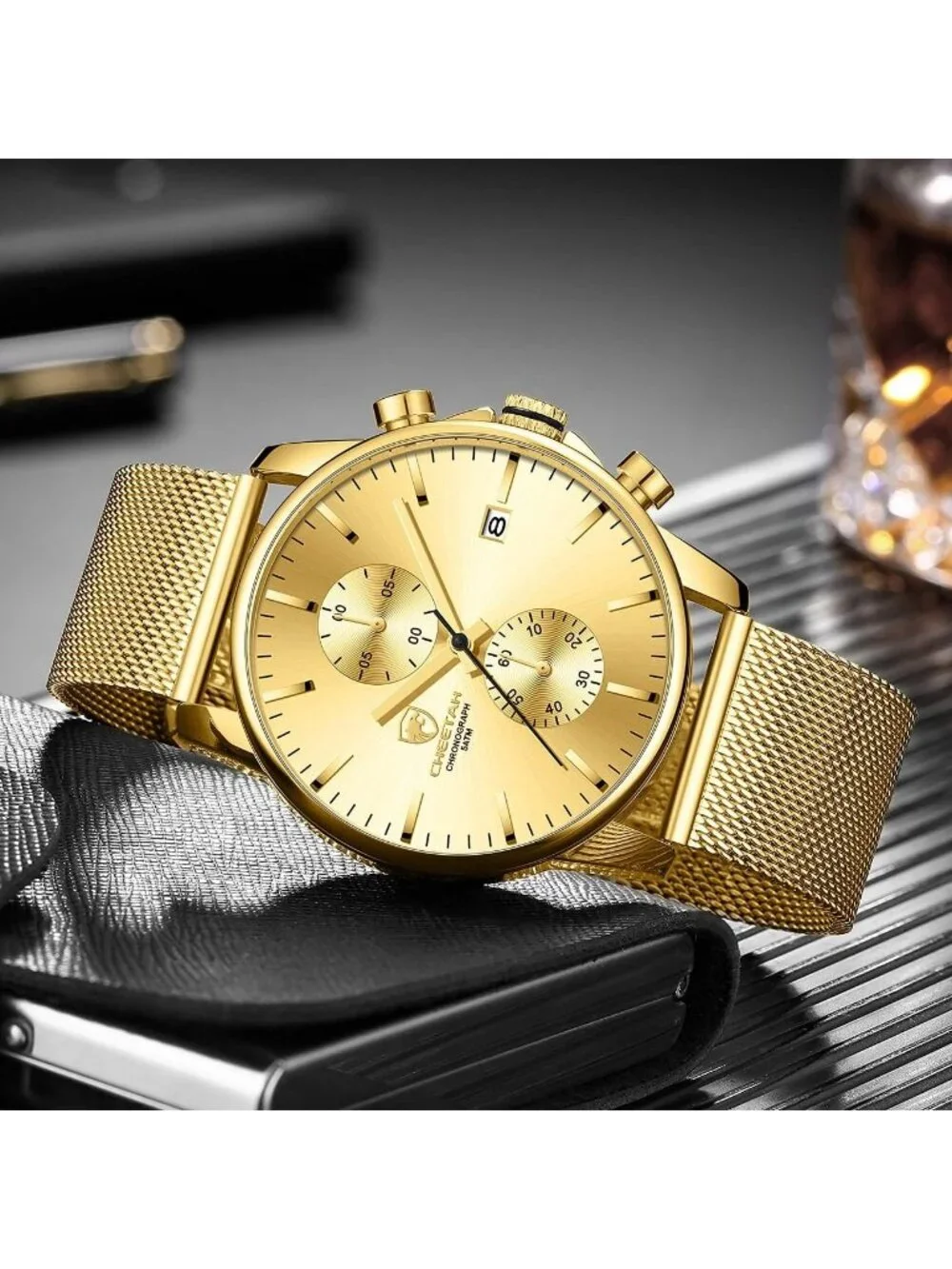 Men's Gold Quartz Analog Mesh Strap Stainless Steel Chronograph Round Watch